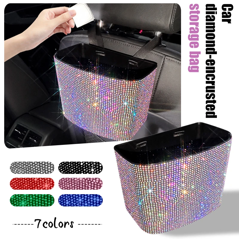 

Luxury Rhinestone Car Trash Can Storage Bins Plastic Diamond Shiny Seat Back Storage Box Waterproof Trash Pockets Car Accessorie