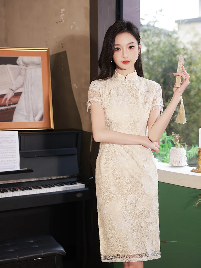 

Sexy Mandarin Collar Young Girls Chiffon Cheongsam Chinese Beaded Tassel Short Sleeve Qipao Evening Party Dress