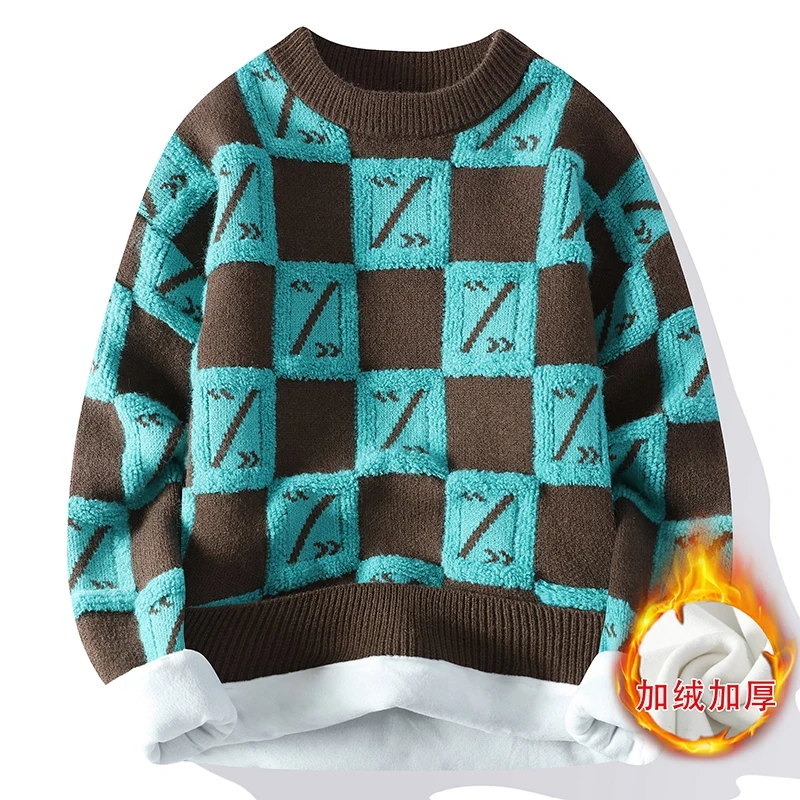 Men's Round Neck Sweater Autumn and Winter New Fashionable Printed Striped Plaid Long Sleeved Youth Popular Loose Sweater Tops
