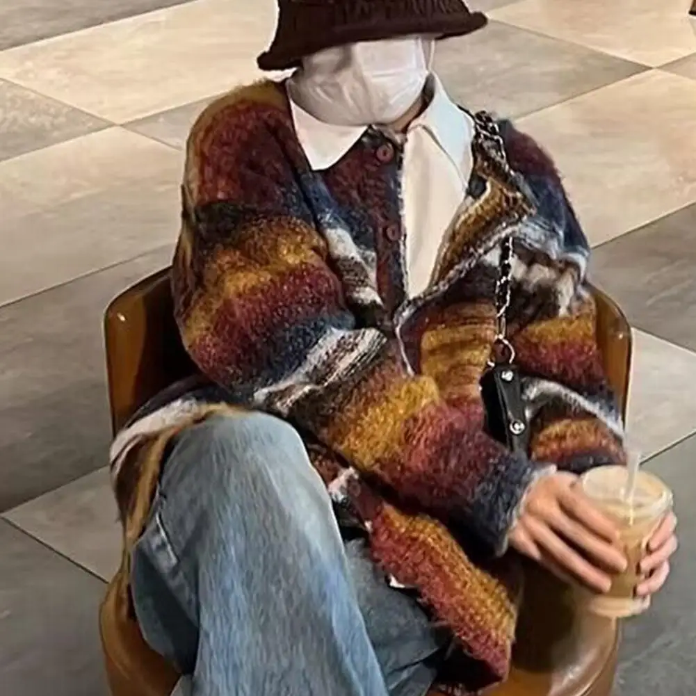 

Women Retro Cardigan Versatile Unisex Retro Striped Knitted Sweater Loose V-neck Cardigan for Men Women Autumn/winter Colorful