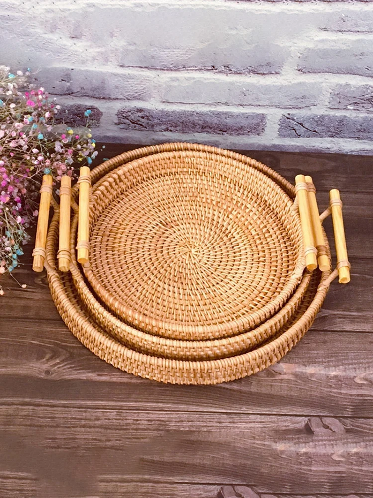 Description Picture 6 of item1PC Rattan Strap Handle Storage Basket Bread Snack Fruit Round Round Tray Picnic Woven Storage Basket