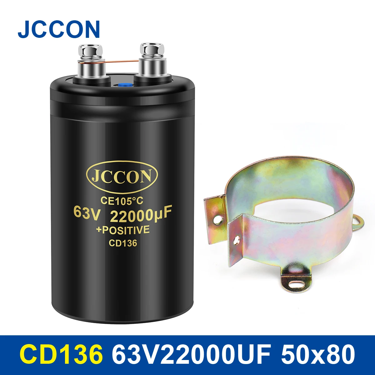 

JCCON 63V22000UF MFD Aluminum Bolt Screw Audio Filtering Electrolytic Capacitor 105℃ 50x80mm CD136 Screw Capacitors 2000Hours