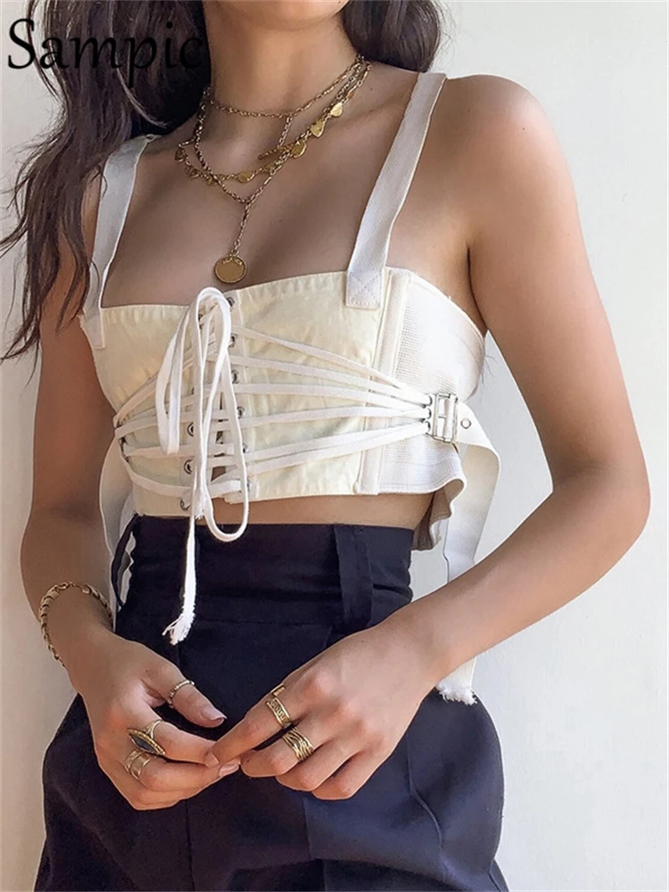 Sampic Y2K Summer Bandage Skinny Corset Tank Tops Sexy Women Club Gothic 90s Fashion 2022 Strap Crop Party Streetwear |