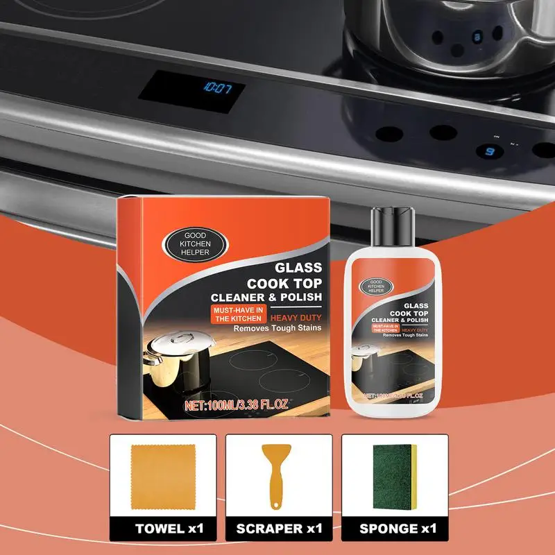 Stove Cleaning Kit Heavy Duty Cooktop Cleaner Non-Scratch Cleaning Kit Ceramic Non-Abrasive Powerful Kitchen Degreaser Stove