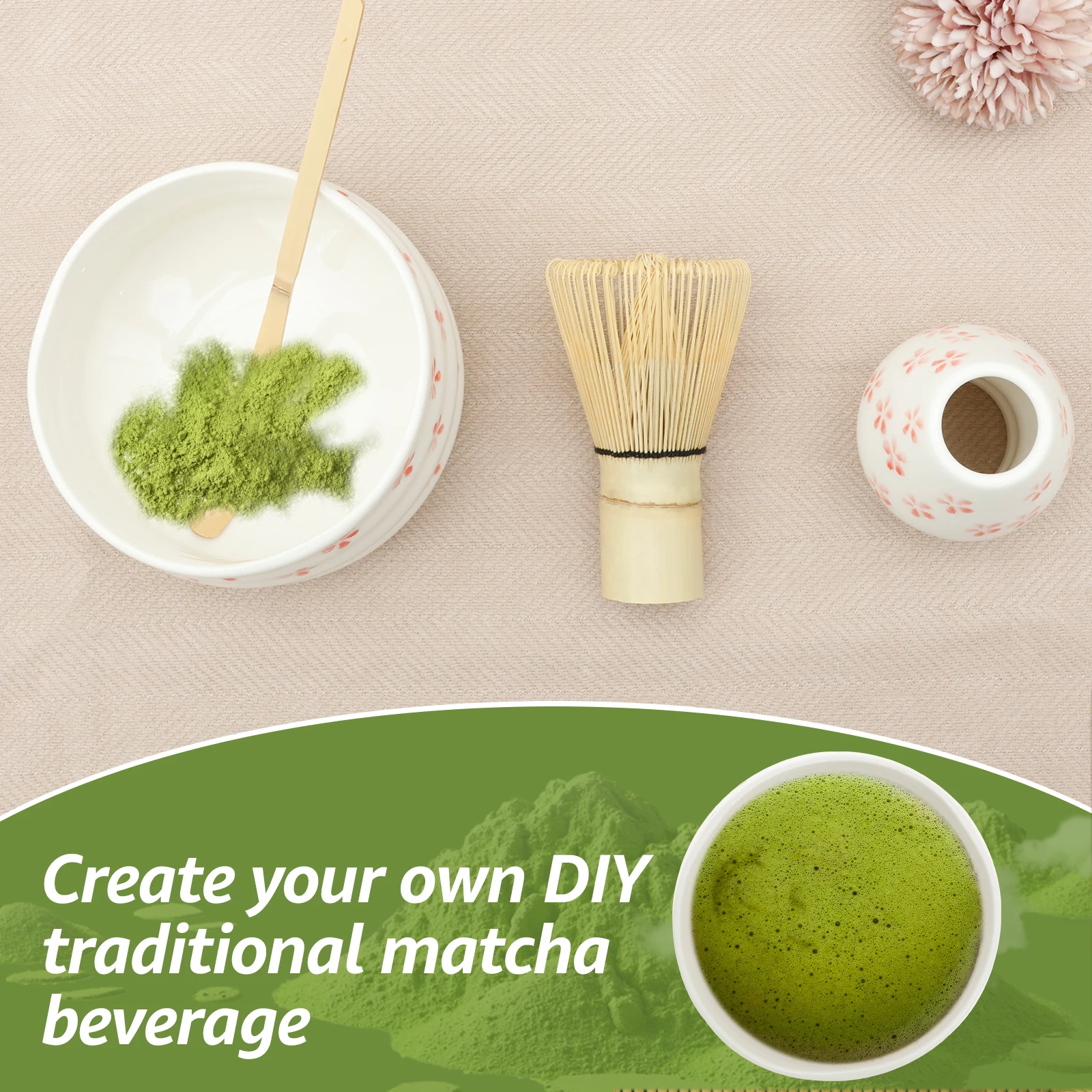 4Pcs Matcha Tea Tool Set Matcha Whisk Set Japanese Style Tea Making Kit with Scoop Whisk Holder Bowl for Home Beginners