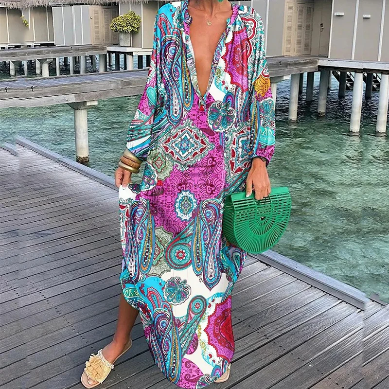 Sexy V-Neck Ruffle Dress Women 2022 Autumn Casual Pattern Print Party Dress  Office Lady Fashion Three Quarter Sleeve Maxi Dress - купить по выгодной  цене | AliExpress