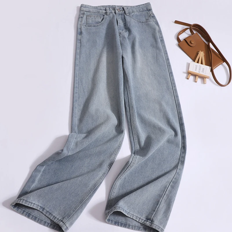 

Light-colored Denim Wide-leg Pants Women 2024 High-waisted Retro Loose Jeans Korean Casual Straight Leg Denim Jeans
