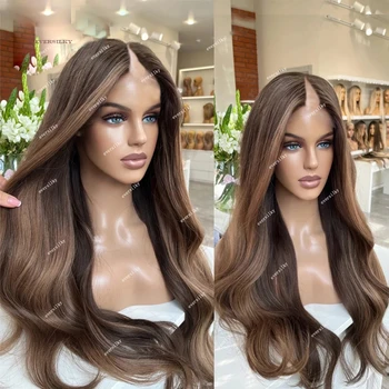 하이라이트 밤나무 다크 브라운 금발 느슨한 웨이브 V자 가발, 100% 인모, 옴브레 딸기, 접착제 없는 바디 웨이브, 전체 U자 모양 끝