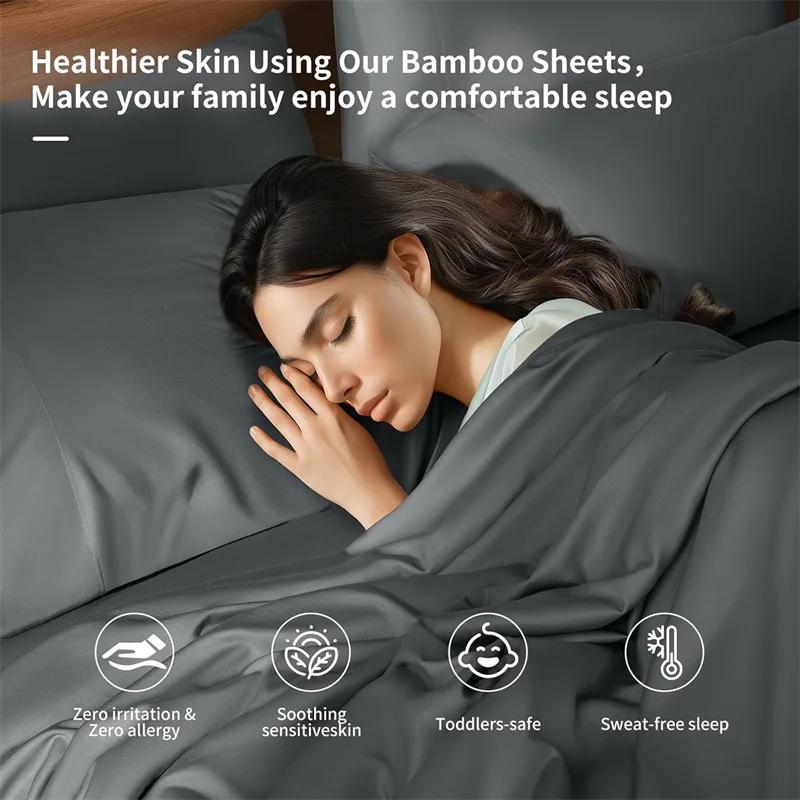 4/6Pcs 100% Bamboo Bed Sheet Set Luxury Smooth Bed Sheet Pillowcase Solid Color Bedding Set Double Queen Size Flat Fitted Sheets 4