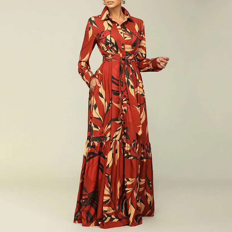 

Casual Pleated Bohemian Maxi Dress Autumn Vintage Leaf Print Long Sleeve Dress Women's Turn-down Collar Lace Up High Waist Dress