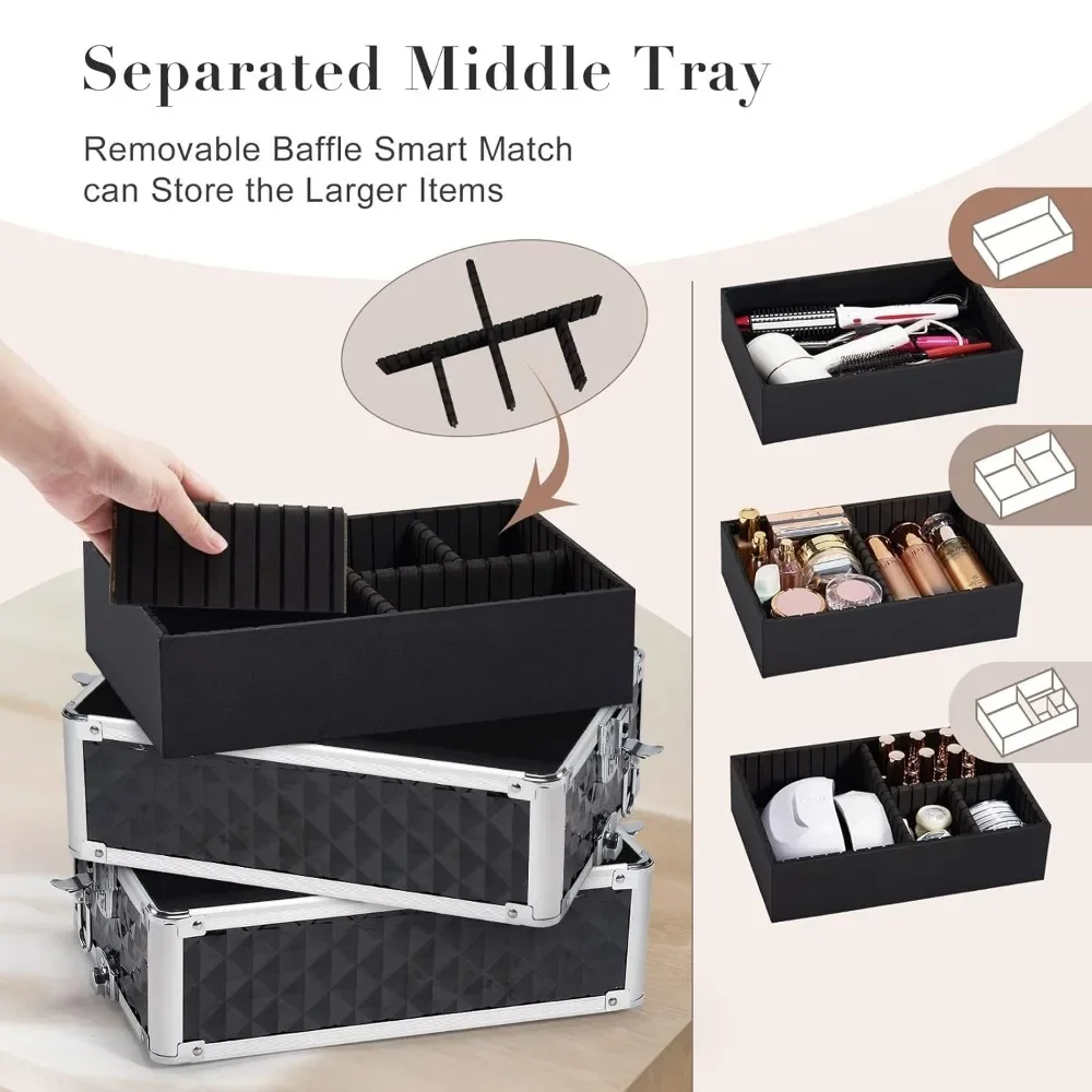Rolling Makeup Train Case Large Storage Cosmetic Trolley with Key Swivel Wheels 4 in 1 Large Capacity Trolley Makeup Travel Case 5