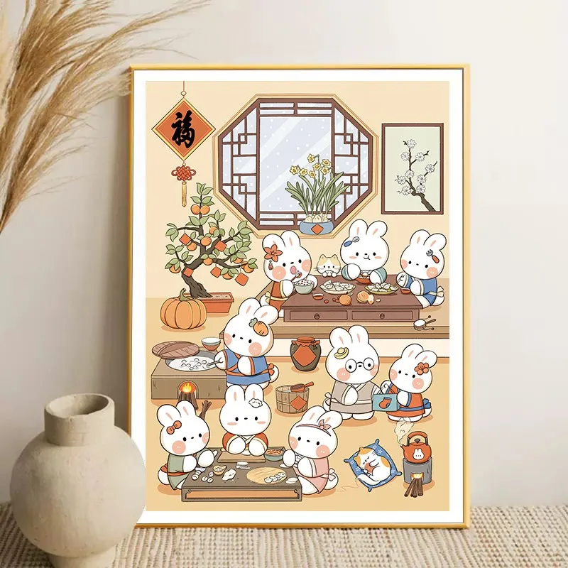 Happy Family Rabbit Painting Printed Canvas DIY Cross Stitch Complete Kits Embroidery Set Cotton Thread Needlework Home Decor