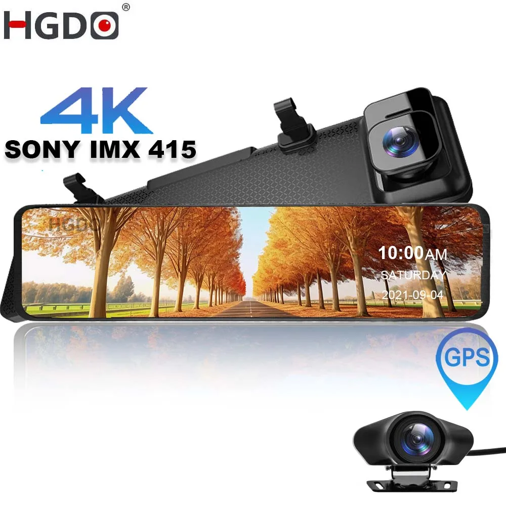 HGDO 12'' 4K Dash Cam 2 in 1 Car DVR Camera with Mount Video Recorder Sony IMX415 Rear View Mirror Camera GPS Wifi Registrar