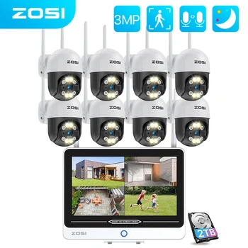 ZOSI 올인원 PTZ 무선 보안 IP 카메라 시스템, 2K 8CH, 12.5 인치 LCD 모니터, 3MP 야외 실내 와이파이 감시 카메라