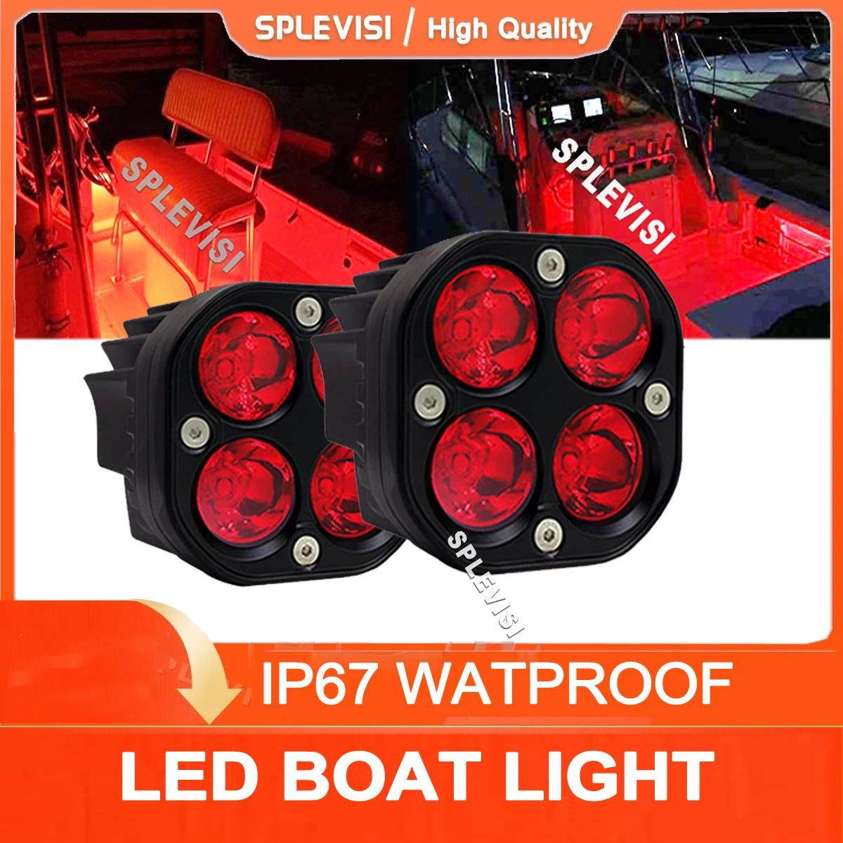 

2x Red Pontoon Boat Docking Headlight, Marine Led Light for Kayak Bass Fishing Boat Spreader Light,T-top,Deck,Driving Light 12V