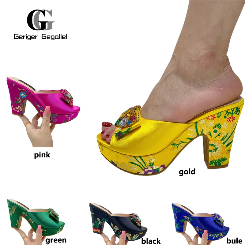 Gold Shiny Crystal Gem High Heels African Party Embroidery Stitching Women's Shoes 2023 Summer Hot Sale