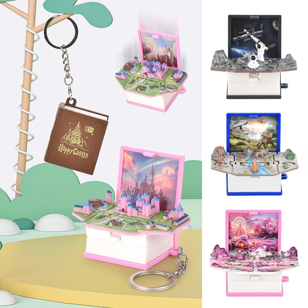 3D Folding Book Keychain Children Toy Birthday Gift Funny Dinosaur Castle Keyring Fashion Bag Pendants Mini Keychain Ornaments