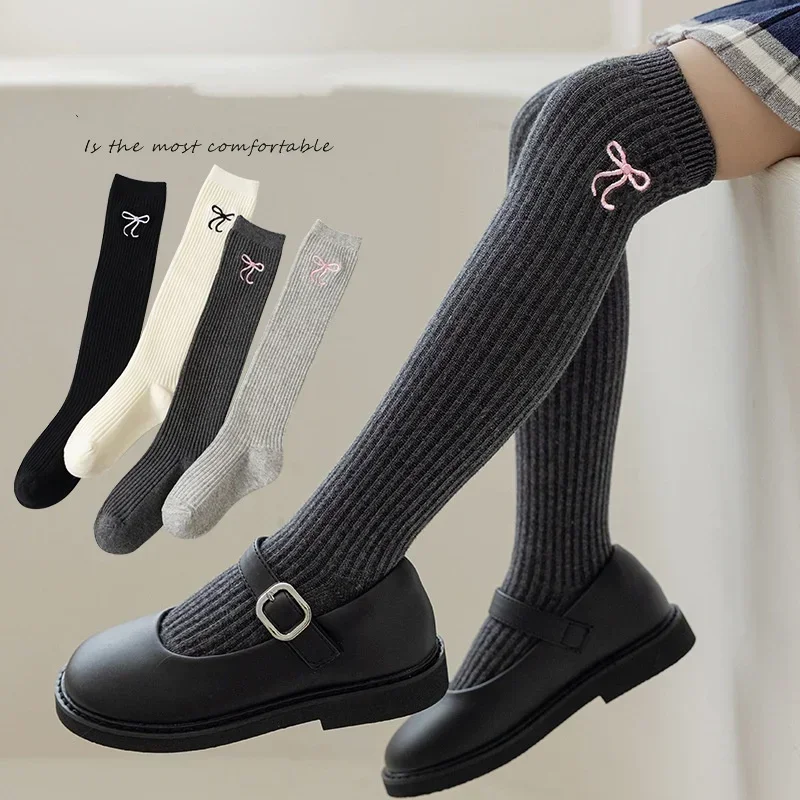 Cotton Knee Socks Knee Length Socks Over The Calf Socks 1 Pair Korean Fashion Legging Stocking Sock for Kids Girl JK Lolita Embroidery Bow Knee High Sock Spring Autumn School