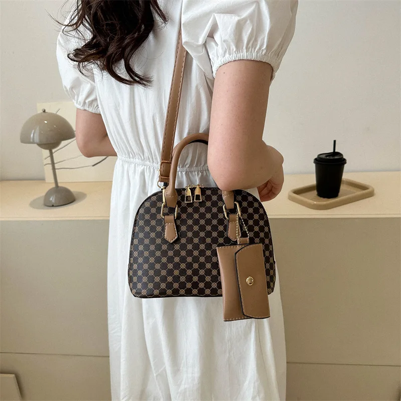 Luxury Shell Fashion Women's Handbag Simple Shoulder Bag Plaid Print Crossbody Bag with Mini Purse