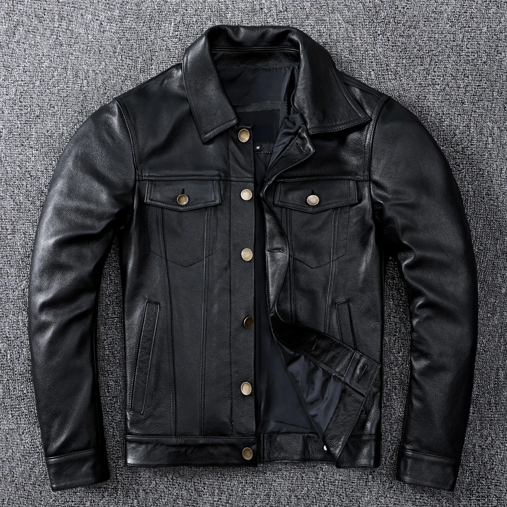 

Spring Denim Genuine Leather Jacket Classic Slim Cowhide Button Coat Plus Size 3XL Mens Fashion Leather Clothing