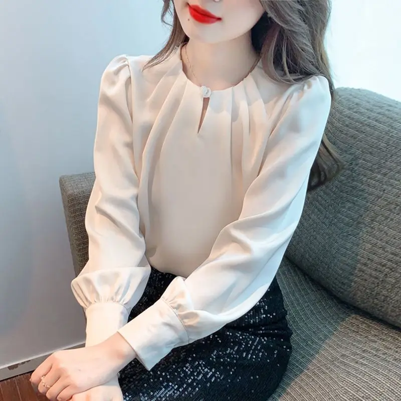 

New Fashion Elegant Round Neck Long Sleeved Blouse Versatile Western Commuting Solid Color Clothing Women Shirts Blouse Q194