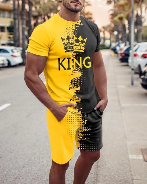 Summer New Men's T-Shirt + Shorts 2-Piece Set Of Crown King 3D Printing Oversized Casual Street Harajuku Hip-Hop Retro Round Nec TS1181