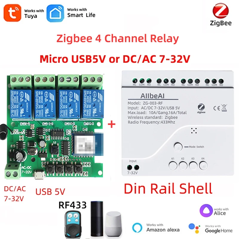 Tuya Zigbee Relay,4ch Smart Home Switch Module,dc5v 12v 24v 32v