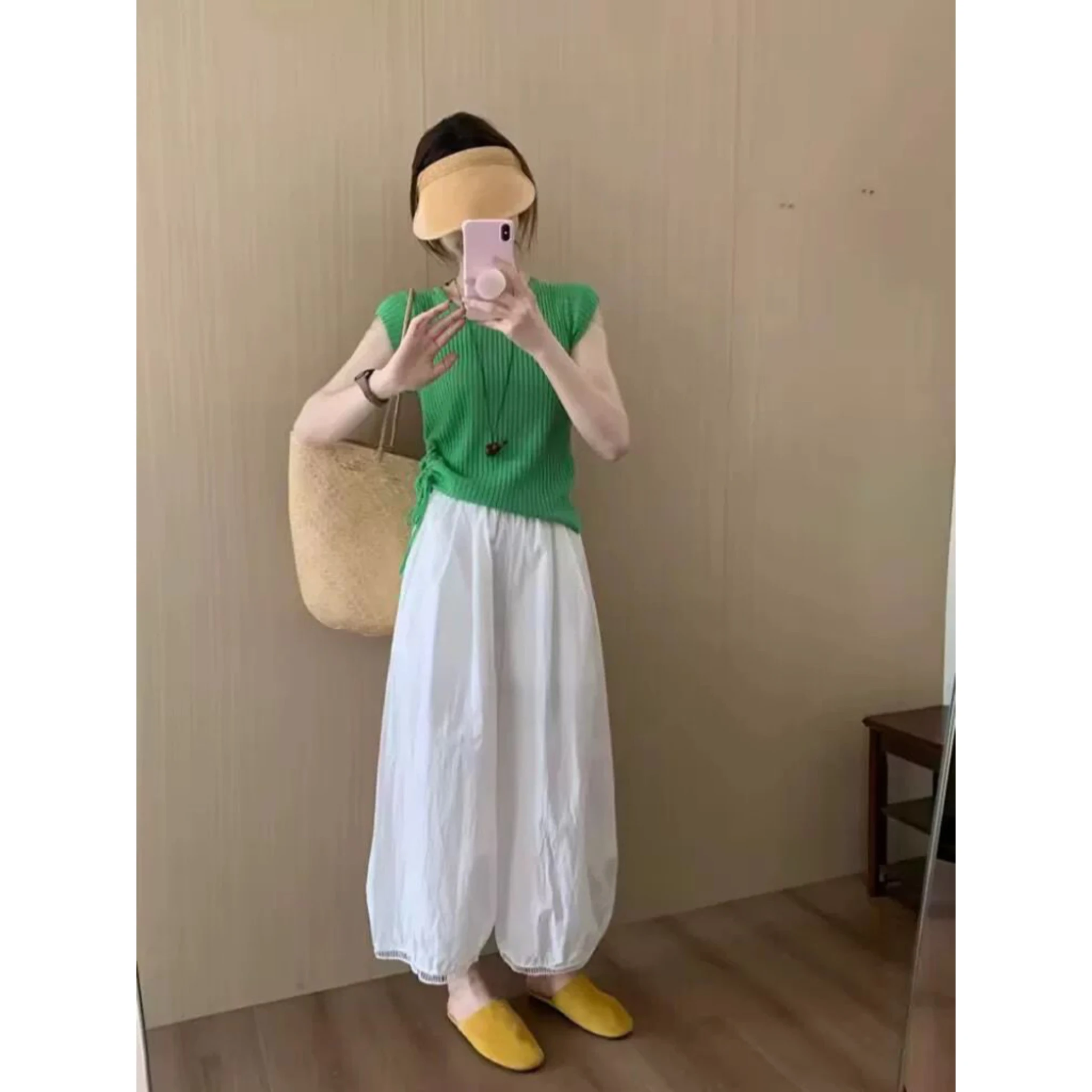 임산부용 속이 비치는 와이드 레그 9부 여름 얇은 캐주얼 팬츠 슬림 스트레이트 루즈 랜턴 팬츠 얇은 면 폴리에스터