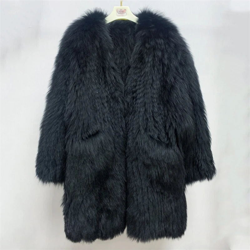 New Women's Thermal Fur Coat Fox Fur Fashion Woven Coat Medium Long Style Outdoor Windproof Winter Fur Coat