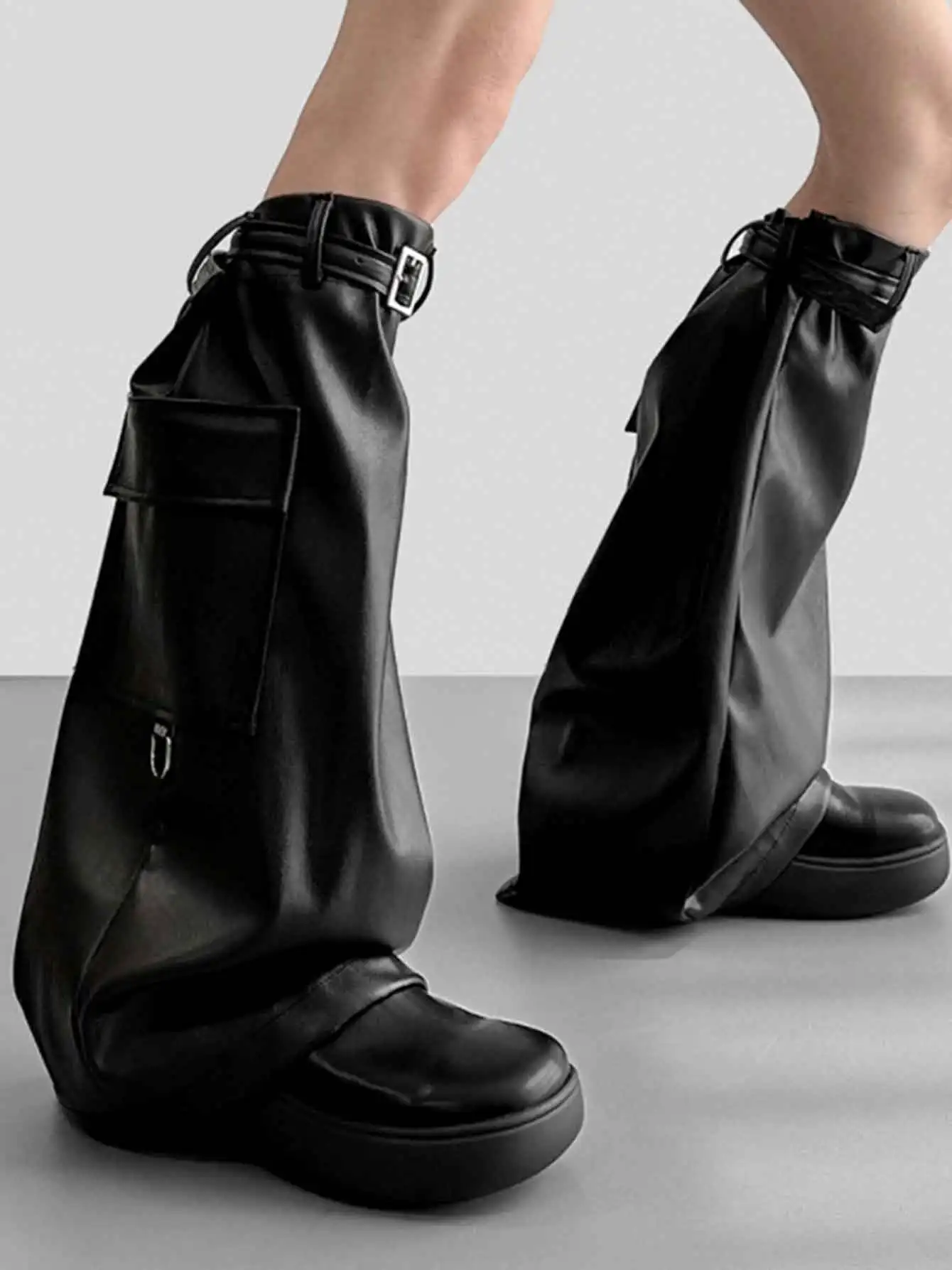 

2023 Emo Black Faux Leather Girl Boots Cover Cargo Pockets Basic Solid Thigh-high Socks Long Flare Leg Warmers Women's Gaiter