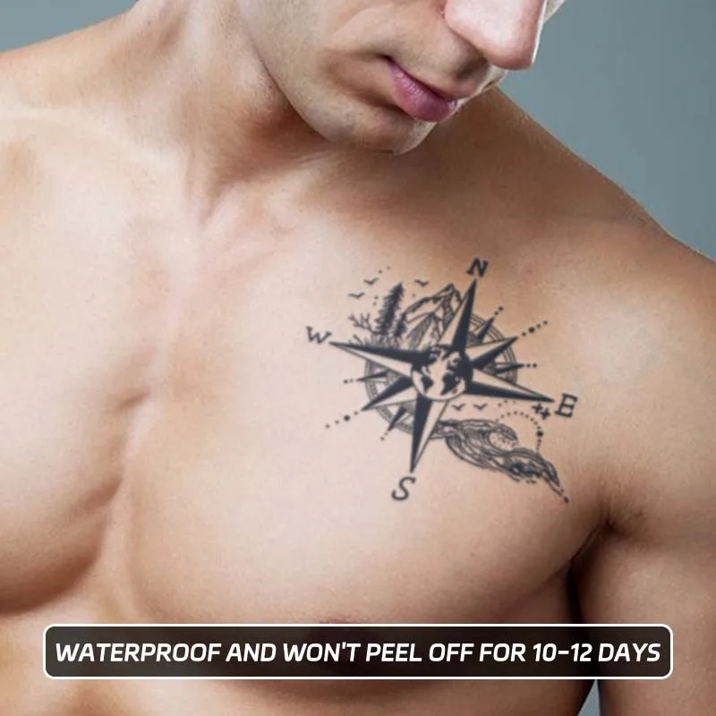 Compass and Mountains Waterproof Temporary Tattoo, Long-Lasting, Realistic Fake Tattoo for Men and Women 3