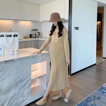 Newest Autumn Winter Fashion Knitted Maternity Long Dress V Neck A Line Slim Pleated Ruffle Clothes for Pregnant Women Pregnancy