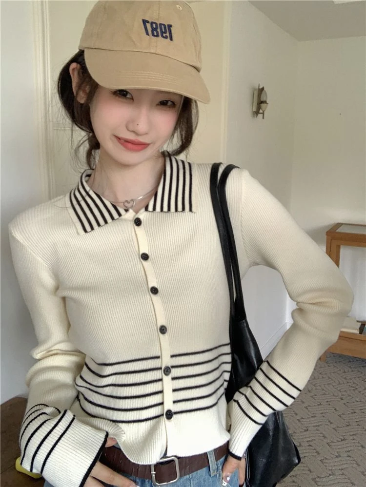 

New style~Paper Man Polo Neck Knitted Cardigan Women's Contrast Stripe Slim Fit Long Sleeve Top