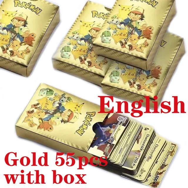 PokemonGoldEnglishCardMetalGoldBoxVmaxGXCardsCharizardPikachuRareCollectionBattle