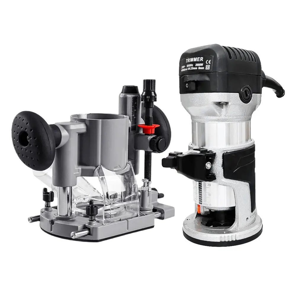 800W Wood Router Kit Compact Electric Trimmer Tool Plunge and Fixed Base 6.35 & 8 mm Collets Woodworking Slotting Trimming