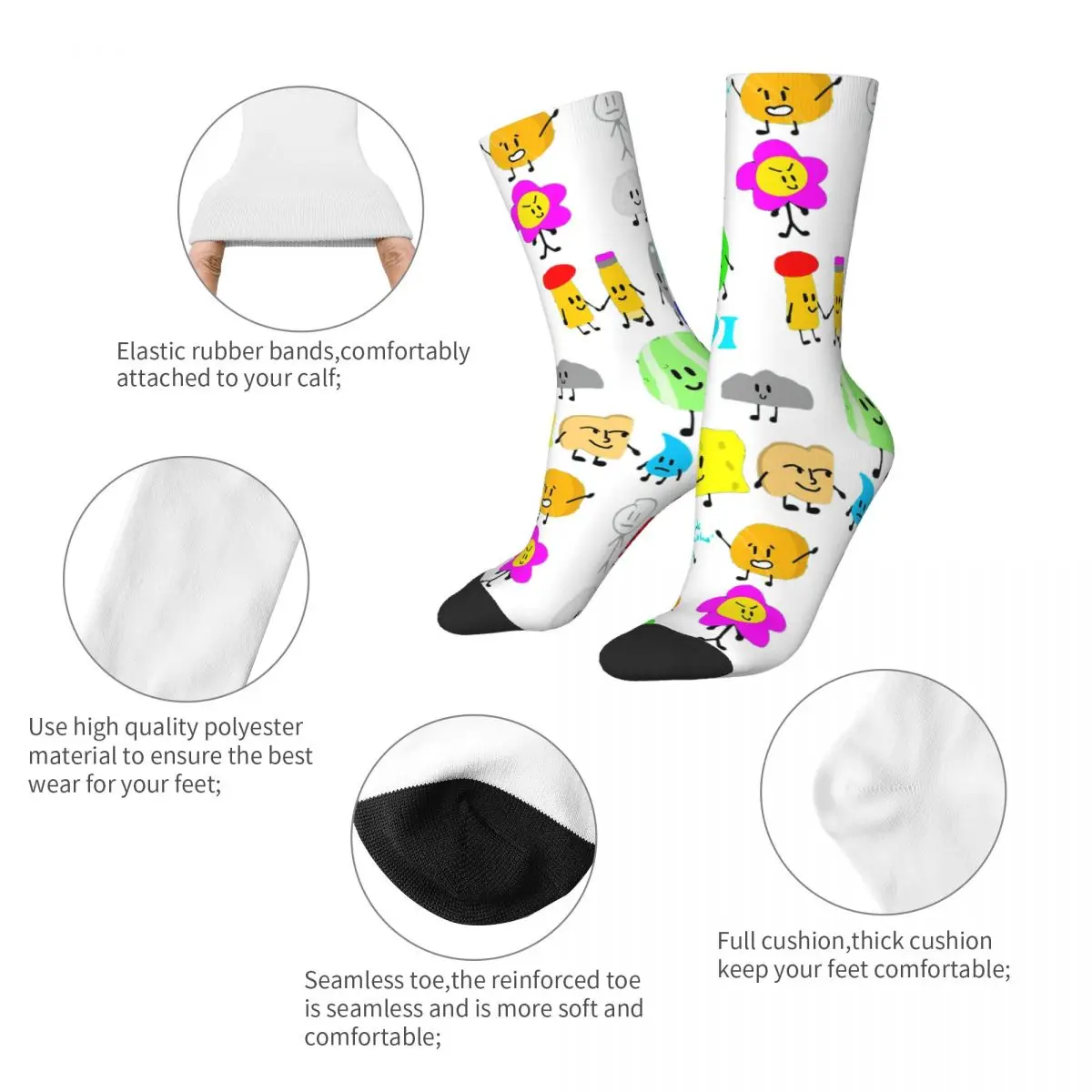 Hip Hop Retro Characters Essential Crazy Men's Socks Unisex Battle for Dream Island BFDI 4 and X Seamless Printed Crew Sock