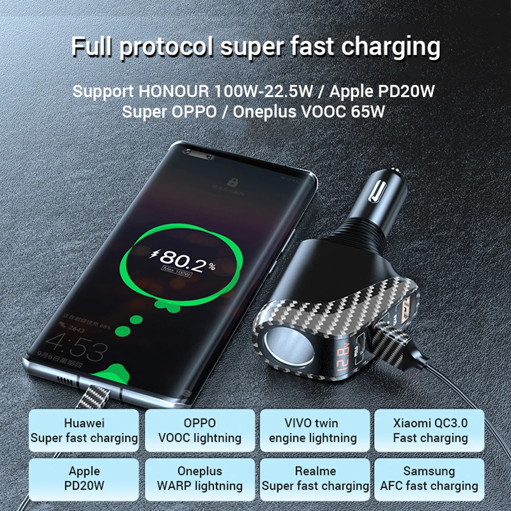 100W USB Car Charger Quick Charge QC3.0 QC4.0 PD3.0 SCP 4 IN 1 Car Super Fast Charging for IPhone 12 13 Xiaomi Huawei Samsung — view 5