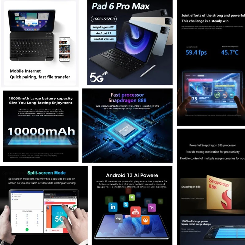 2024 오리지널 글로벌 버전 패드 6 프로 태블릿 PC, 스냅드래곤 888, 10000mAh, 안드로이드 13, 16GB RAM, 1TB ROM, 5G HD, 4K 화면, 와이파이 MiTab