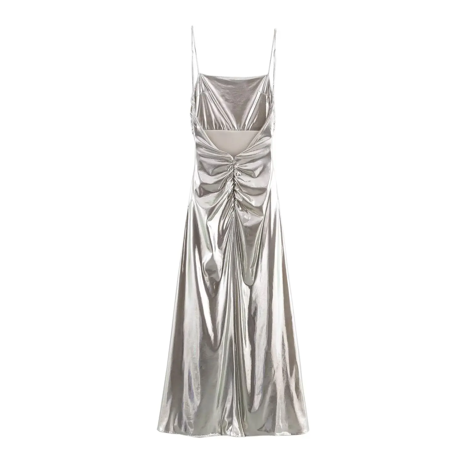 HH TRAF 2025 Women's Fashion Silvery Sexy Slim Fit Metal Foil Pleated Zipper Dress Female Elegant Sleeveless Backless Long Dress 2