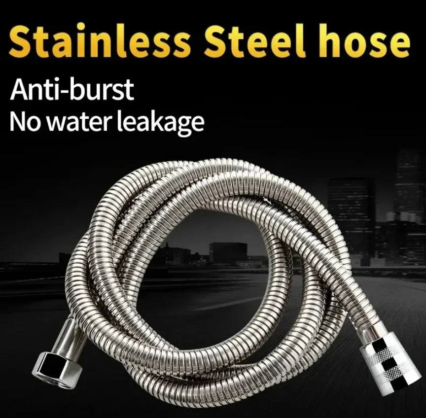 1.5/2M Flexible Plumbing Hose SUS 304 Black/silver Bathroom Shower Pipe Extension Water Pipe Pull Bathroom Accessories