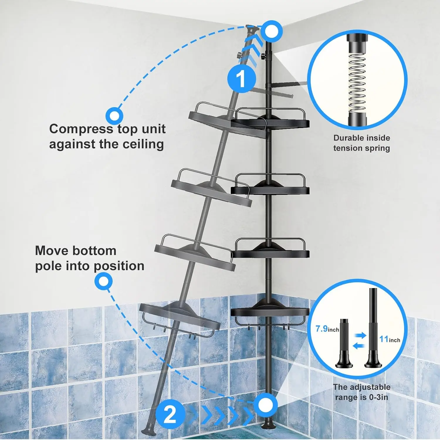Corner Shower Caddy Tension Pole: Adjustable Stainless Steel Shower Organizer with 4 Tier Shelf for Bathroom Bathtub Tub Shampoo 5