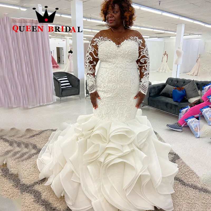 

Appliques Beading Exquisite Mermaid Wedding Dress Long Sleeve O Neck Ruffles Train Bridal Gown Vestidos De Novia Custom S14Y