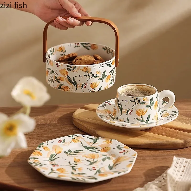 Flower Patterned Ceramic Plate Hand-held Fruit Basket Dried Fruit Plate Octagonal Dessert Snack Plates Steak Plates