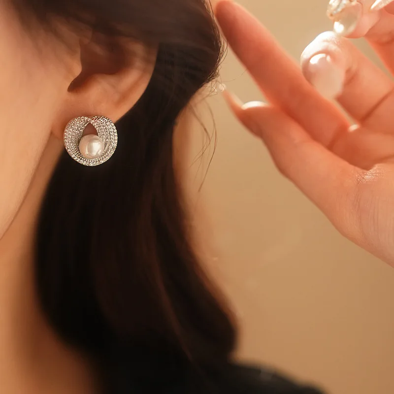 Zircon Round Pearl Earrings for Women Irregular Stud Earring Wedding Party Jewelry