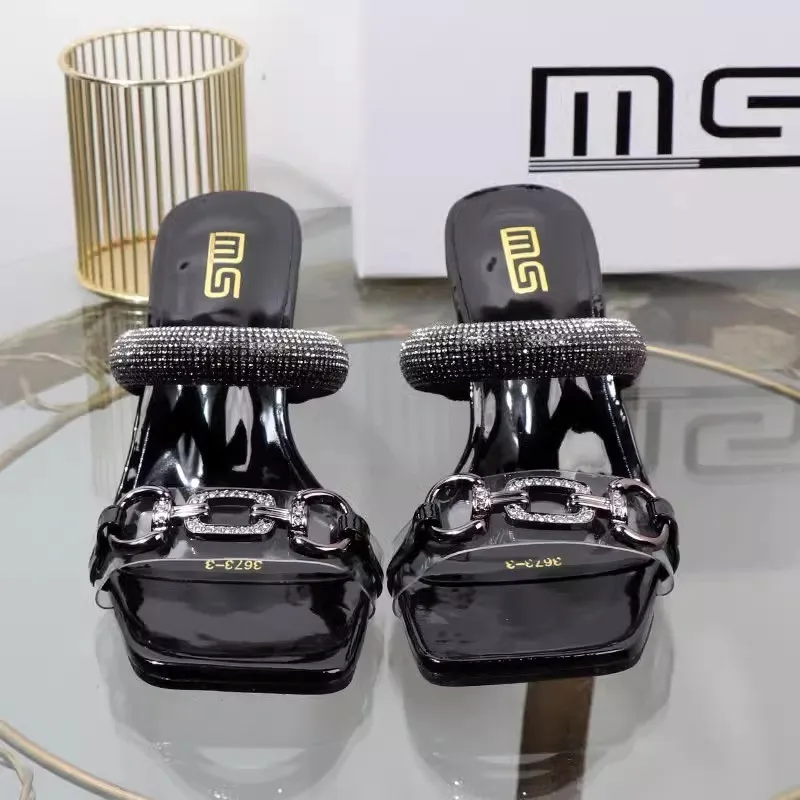 Womens Open Toes Middle Heel Anti Slip Rhinestones Chain Buckle Summer Outdoor PU Slippers women slippers