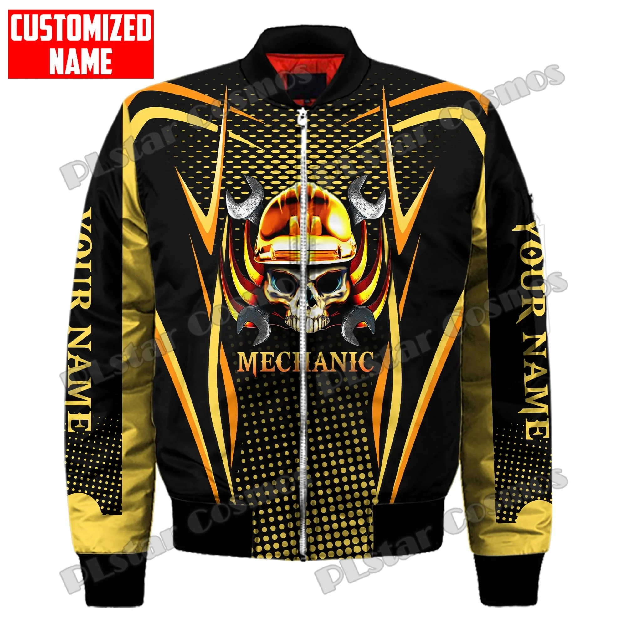 Personalisierter Name Mechaniker Totenkopf Muster 3D-gedruckte Herren Bomberjacke Winter Unisex Lässige warme dicke Reißverschlussjacke Mantel FX-23 – Detail 9