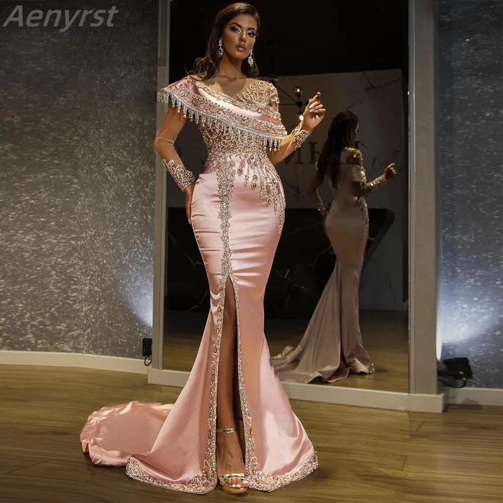 

Роскошное женское официальное платье Aenyrst Дубая с длинными рукавами, длинные платья для выпускного вечера, атласные вечерние платья-русалки с бисером, кристаллами и кисточками