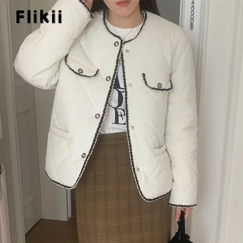 

2023 Winter Korean Casual Luxury Single Breasted Parkas White Jacket For Women Short Outerwear Fashion Warm Thick Solid Coat