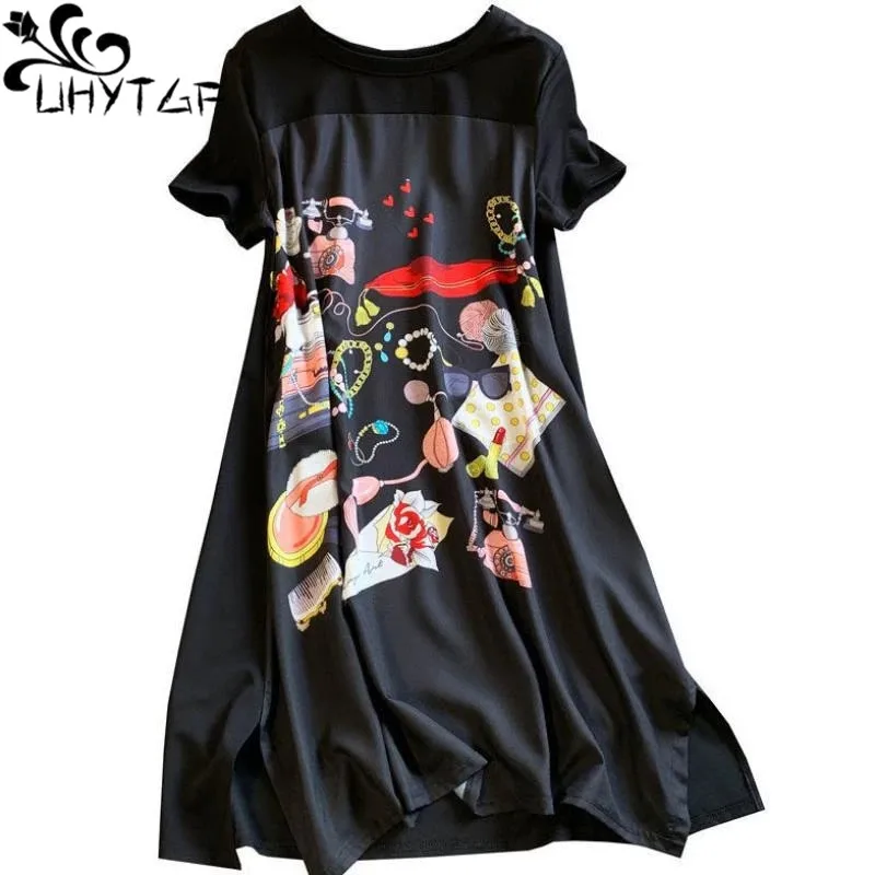 

UHYTGF Summer Dress Women Large Size Slimming Loose Fashion Mid-Length Black Spliced Print Vintage Oversized Dresses Female 2234