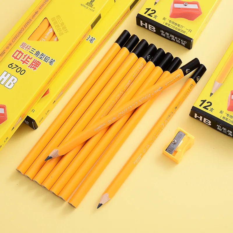 12pcs/Box HB 2B Log Pencil,Thickened Triangle,With Pencil Sharpener,Student Supplies Stationery 6700 3